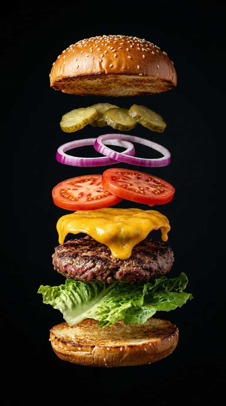 Rozłożony na warstwy burger: bułka, pomidor, cebula, ser, wołowina i sałata